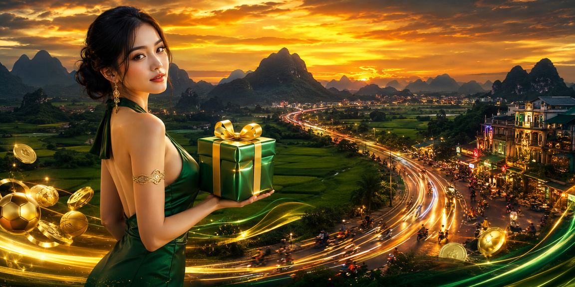 Khung cảnh Ninh Bình kết hợp chủ đề thể thao và đặt cược neon hiện đại